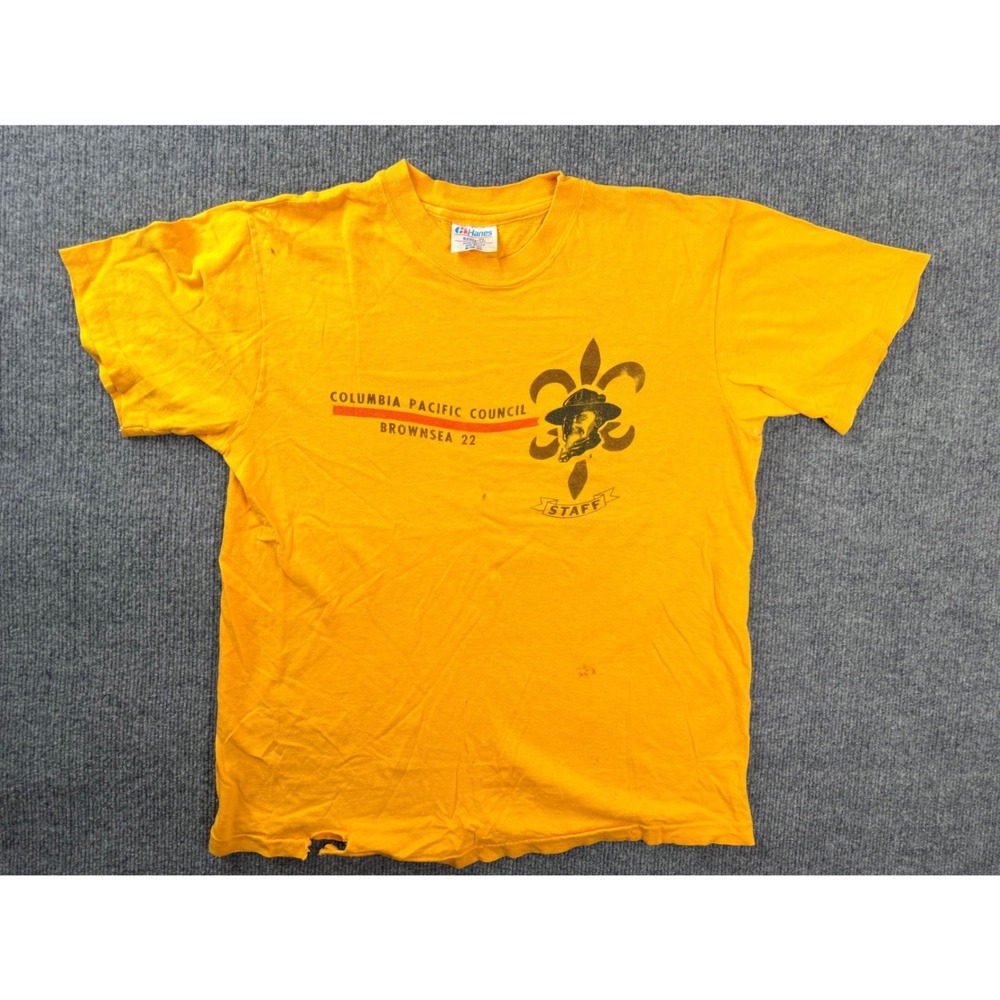 Vintage Hanes Beefy-T Mens M Yellow Columbia Pacific Council Staff Shirt USA